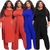 Spring Plus Size Black Slit Long Sleeve Top And Pant Wholesale Women'S Two Piece Sets