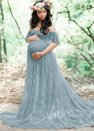 Verano elegante vestido largo de maternidad de malla con hombros descubiertos y encaje azul claro