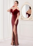Spring Elegant Red Sequin Strap Off Shoulder Tassels Short Sleeve V-Neck Slit Long Evening Dress