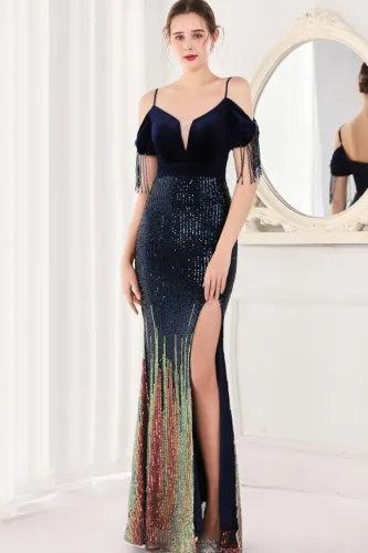 Spring Elegant Navy Sequin Strap Off Shoulder Tassels Short Sleeve V-Neck Slit Long Evening Dress