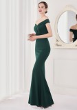 Summer Elegant Green Plain Off Shoulder Short Sleeve Evening Dress
