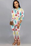Christmas Plus Size Print Round Neck Long Sleeve Top And Pant Pajama Two Piece Set