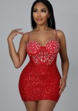 Summer Sexy Red Straps Sleeveless Sequins Mini Dress