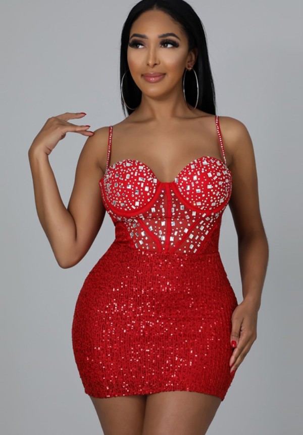 Summer Sexy Red Straps Sleeveless Sequins Mini Dress