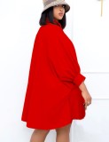 Spring Casual Plus Size Red Button Up Turndown Collar Long Sleeve Oversize Dress
