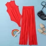 Summer Sexy Red Sleeveless Top And Wide Pant Wholesale Womens 2 Piece Sets
