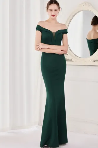 Summer Elegant Green Plain Off Shoulder Short Sleeve Evening Dress
