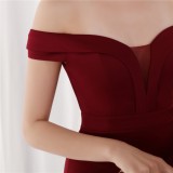Summer Elegant Red Plain Off Shoulder Short Sleeve Evening Dress