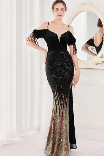 Spring Elegant Black Sequin Strap Off Shoulder Tassels Short Sleeve V-Neck Slit Long Evening Dress