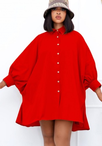 Spring Casual Plus Size Red Button Up Turndown Collar Long Sleeve Oversize Dress