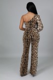 Spring Brown Leopard Print Formal One Shoulder Belted Jumpsuit