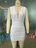 Spring White Sleeveless Deep-V Sexy Ruched Mini Club Dress