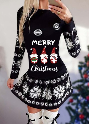 Robe patineuse de Noël à col rond et imprimé noir d'hiver