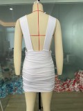 Spring White Sleeveless Deep-V Sexy Ruched Mini Club Dress