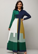 Spring Color Block A-line Full Sleeves Long Maxi Church Dress