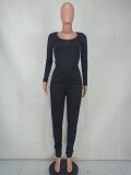 Winter Wholesale Black U-neck Long Sleeve Top and Ruched Pants Two Piece Sets