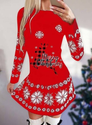 Winter Red Print O-Neck Christmas Skater Dress