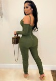 Spring Green Sexy Strap Ruched Bodycon Jumpsuit with Gloves