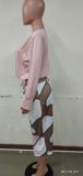 Fall Pink Basic Long Sleeve Crop Top and Print Midi Pencil Skirts Set