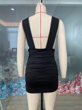 Spring Black Sleeveless Deep-V Sexy Ruched Mini Club Dress