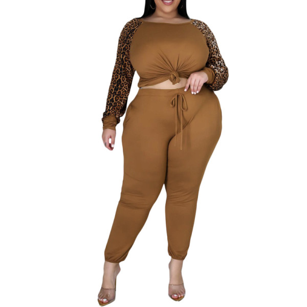 Autumn Plus Size Brown Leopard Patch Shirt and Pants Casual Suit