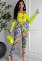 Spring Green Sexy Sheer Crop Top and Print Legging Two Piece Set