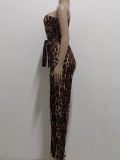 Spring Brown Leopard Print Formal One Shoulder Belted Jumpsuit