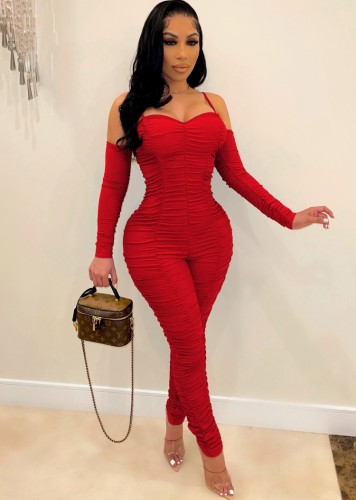 Spring Red Sexy Strap Ruched Bodycon Jumpsuit with Gloves