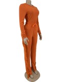 Spring Orange Long Sleeve Basic Shirt and Fringe Sweatpants Two Piece Set