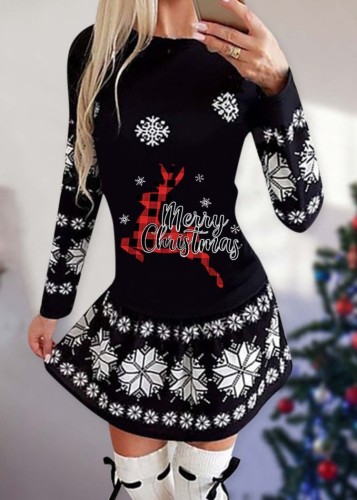 Kış Siyah Baskı O-Boyun Noel Patenci Elbisesi
