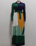 Spring Color Block A-line Full Sleeves Long Maxi Church Dress