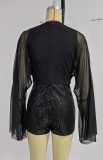 Autumn Black Party Sexy Deep-V Wide Sleeves Sequin Rompers