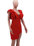 Summer Sexy Red Deep V Neck Ruffles Short Sleeve Slit Dress