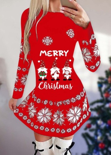 Kış Kırmızı Baskılı O-Boyun Noel Patenci Elbisesi