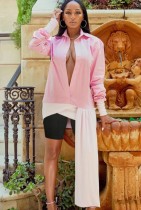 Blusa de parche sexy con escote en V profundo y bloque de color rosa primavera