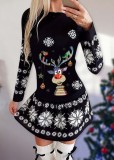 Winter Black Print O-Neck Christmas Skater Dress
