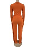 Spring Orange Long Sleeve Basic Shirt and Fringe Sweatpants Two Piece Set