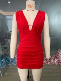 Spring Red Sleeveless Deep-V Sexy Ruched Mini Club Dress