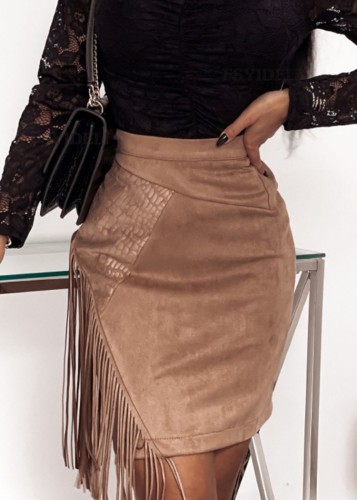 Minifalda con flecos de cintura alta de terciopelo marrón de invierno