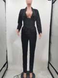 Spring Black Deep-V Sexy Bustier Blazer and Pants Two Piece Set
