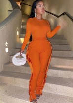 Ensemble deux pièces chemise basique à manches longues et pantalon de survêtement à franges orange printanier