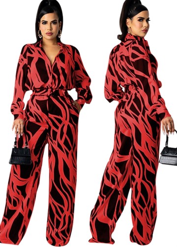 Spring Red Print Long Sleeve Elegant High Waist Jumpsuit