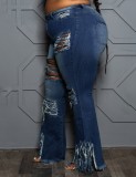 Spring Sexy Plus Size Blue High Waist Ripped Hole Flare Jeans