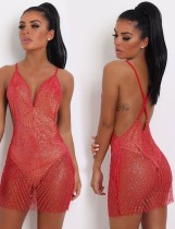 Sommer Sexy Rote Pailletten V-Ausschnitt Träger Durchsichtig Clubkleid