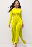 Frühling Sexy Gelb Rundhals vorne Kreuz Langarm Unregelmäßiges langes Top und Match Skinny Pants Großhandel Zweiteilige Sets