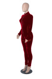 Winter Sexy Red Zipper Velvet Long Sleeve Jumpsuit