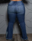 Spring Sexy Plus Size Blue High Waist Ripped Hole Flare Jeans