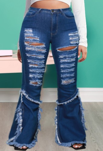 Spring Sexy Plus Size Dark Blue High Waist Ripped Holes Fringe Flare Jeans
