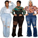 Spring Sexy Plus Size light blue High Waist Ripped Hole Flare Jeans