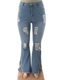 Spring Sexy Plus Size light blue High Waist Ripped Hole Flare Jeans